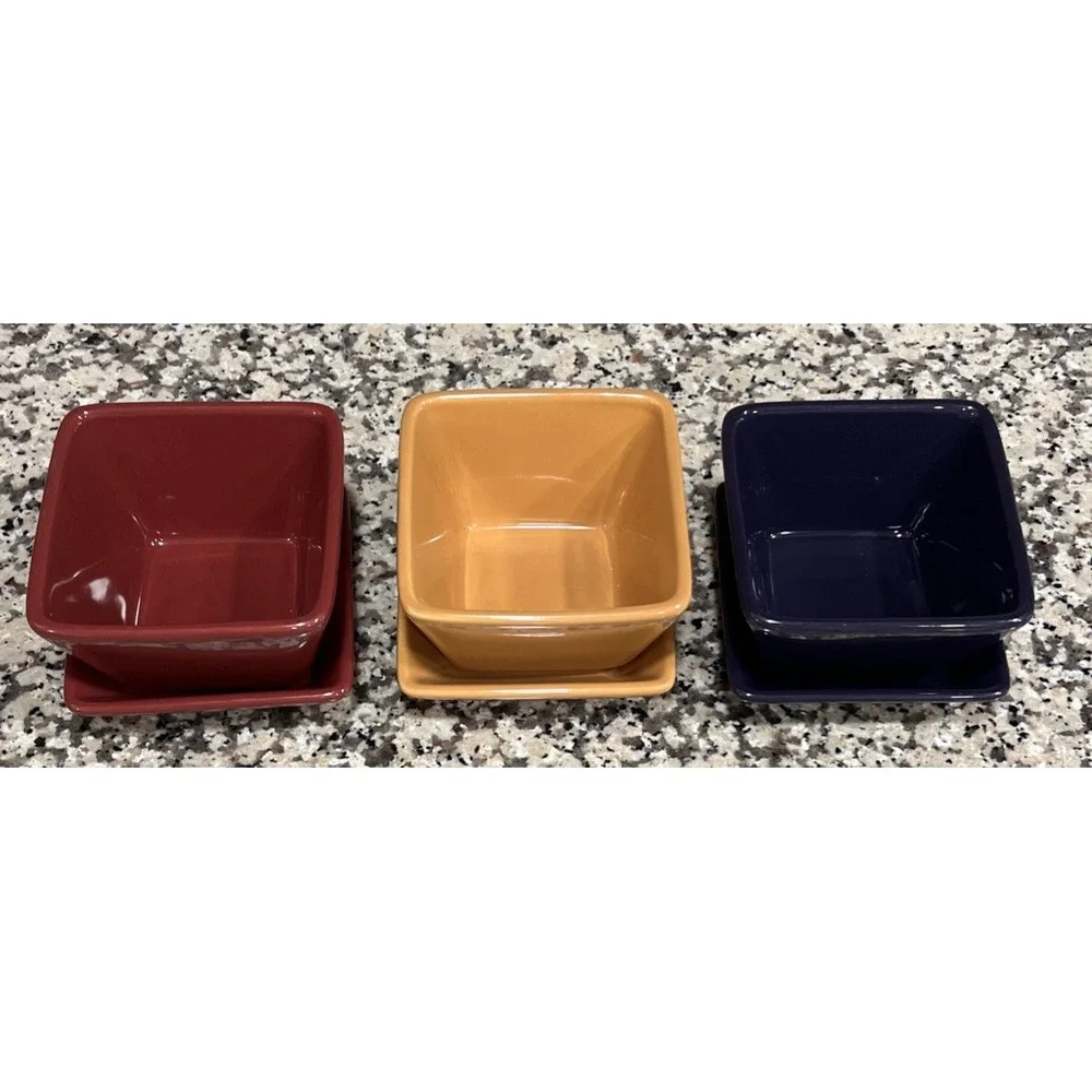 Set Of 3 Pampered Chef Simple Additions Snack Dipping Serving Bowls On Plates